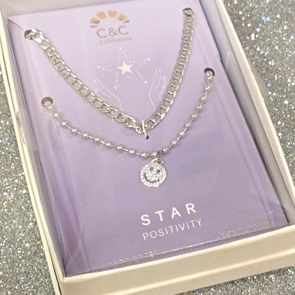 C & C California Positivity Rhinestone Smiley Face Necklace Set